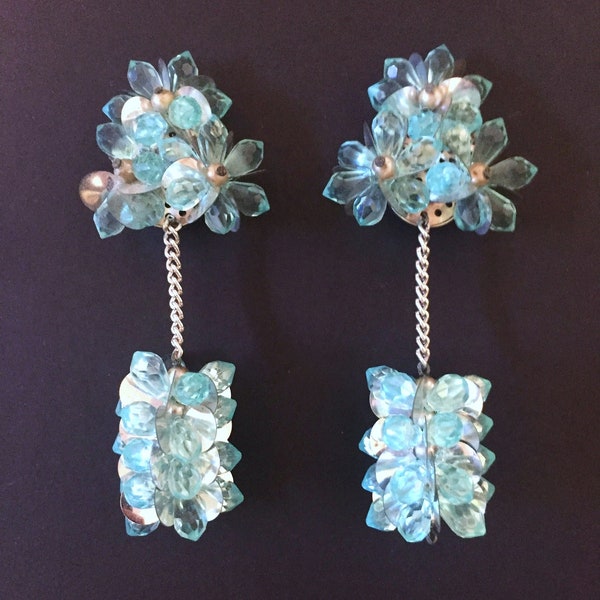 Vintage Blue Cha Cha Drop Earrings - Go Go Earrings - Mid Century Light Blue Sparkly Drop Cluster Earrings