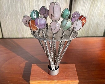Vintage Semi Precious Gemstone Appetizer Picks - Cocktail Pick Set with Stand -  Hors D'Oeuvre - Party Picks -