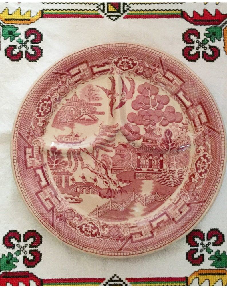 Vintage Restaurantware Set of 6 Vintage Willow Red Wellsville China Divided Grillplates