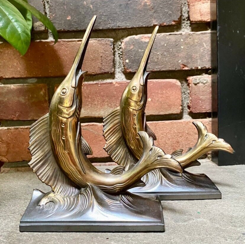 RARE ANTIQUE FLY FISHING FISHERMAN BOOKENDS GREAT BRONZE PATINA NUMBERED ON  BACK
