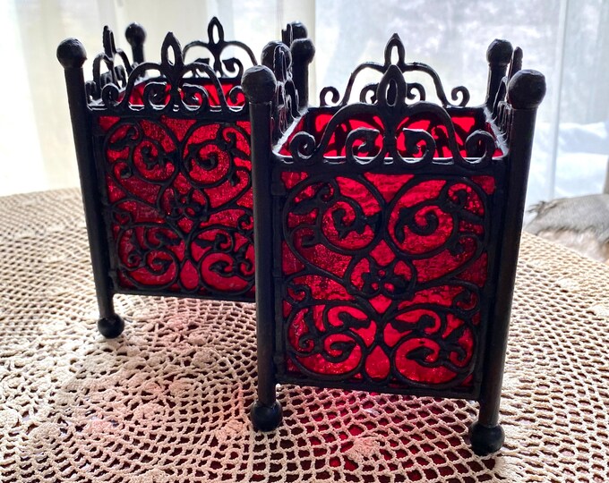 Vintage Victorian Gothic Candle Holders Black Scrolled and Red Panel