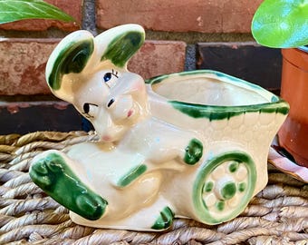 Vintage Bunny Rabbit Pushing Cart Planter Pottery - Bunny with Cart Planter - Kitschy Green and Cream Anthropomorphic Rabbit - Small Planter