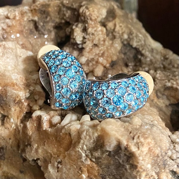 Vintage Swarovski Earrings - Blue Crystals in Silver Tone Pave Setting - Signed - Clip-on Half Hoop Earrings - Formalwear - Wedding Jewelry