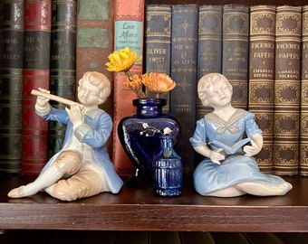 Vintage Porcelain Boy and Girl Set by B P Import Products - Blue and White - Boy with Flute - Girl with Book - Made in Japan