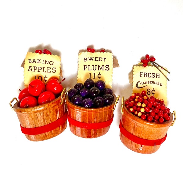Vintage Kurt Adler Fruit Basket Miniatures - Adler Ornaments- Farmhouse Fruit Bushels- Cranberries, Plums and Apples - Country Store Display