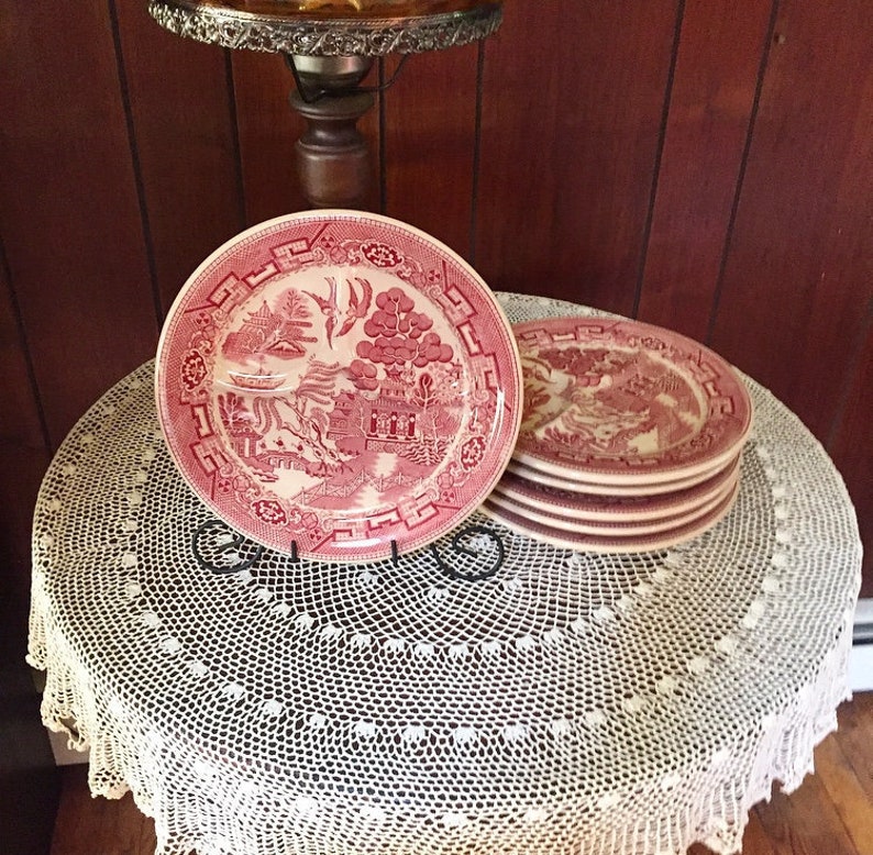 Vintage Restaurantware Set of 6 Vintage Willow Red Wellsville China Divided Grillplates