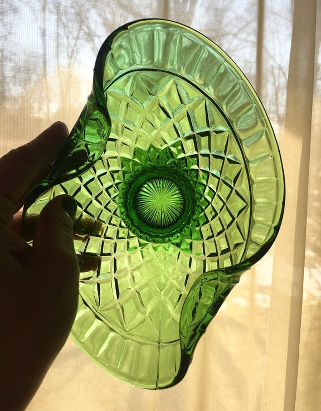 Vintage Green Glass Pedestal Candy Dish Folded Glass Etsy