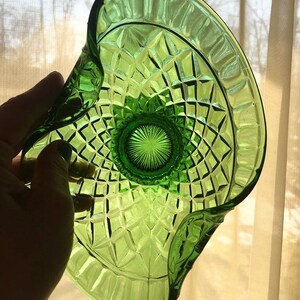 Vintage Green Glass Pedestal Candy Dish - Folded Glass - Stretch Glass - Nut Dish - Relish Dish