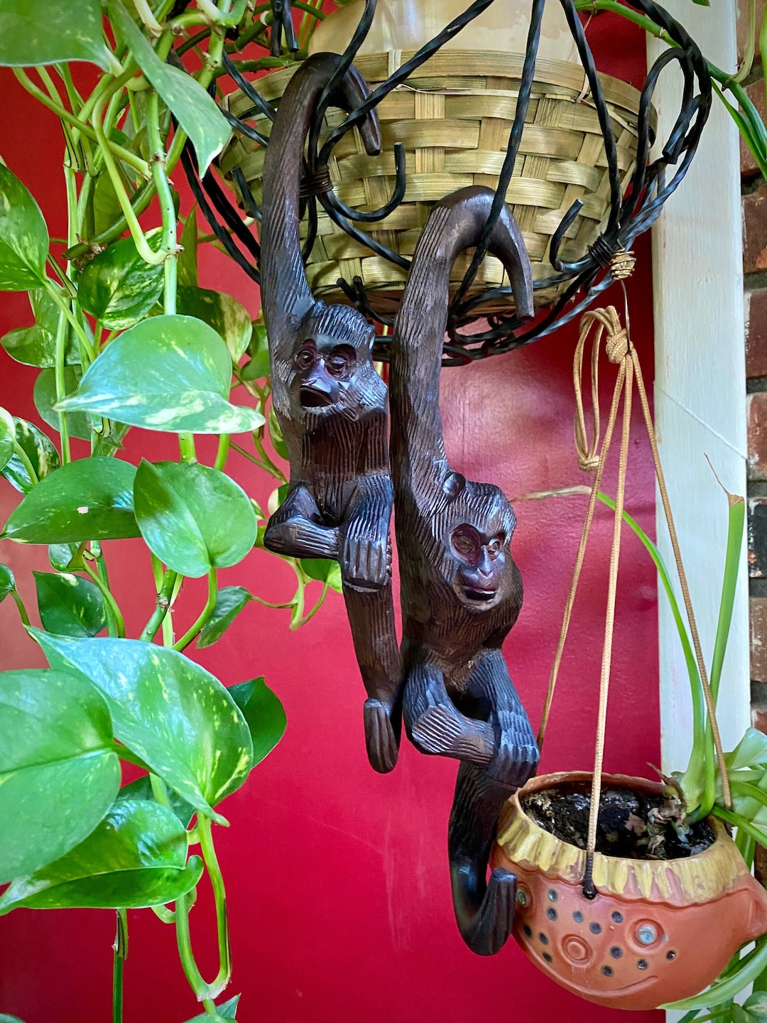 Vintage Set of 2 Wooden Hanging Monkeys Large Hanging Ape Large Hanging