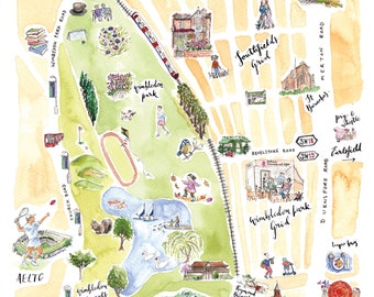 Illustrated Map of Southfields and Wimbledon Park  - Giclee Fine Art Print by Catriona Tyrwhitt