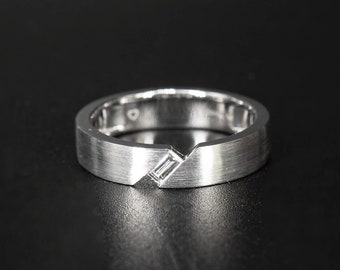 WEAVE | Simple Unique Band ring/wedding band, 14K/18K gold, Platinum, set with a Baguette Diamond