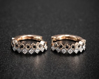 Weave | Black&White Diamond Huggie Hoop Earrings 14k/18k solid gold and platinum, Diamond Hoop Earrings