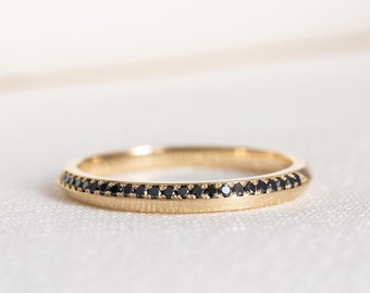 Petite knife edge band ring with black diamond pave on one side in 14K/18K gold/Platinum, wedding band, band ring