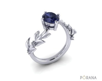 Floral ring, Blue Sapphire Leaf ring with side diamonds