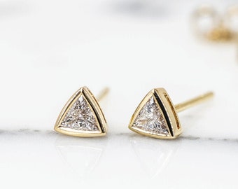 Trilliant cut Diamond Stud Earrings 14k/18k solid gold and platinum, 0.10 carats each, triangle diamond earrings