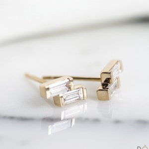 Double Baguette Diamond stud earrings in 14K/18K solid gold and Platinum
