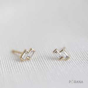 Petite double baguette diamond stud earrings in 14k/18k solid gold and platinum