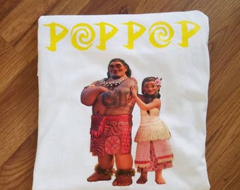 Pop Pop Moana themed birthday shirt with Moanas parents. Pop Pop in yellow, Moana font. Custom name and font color available.