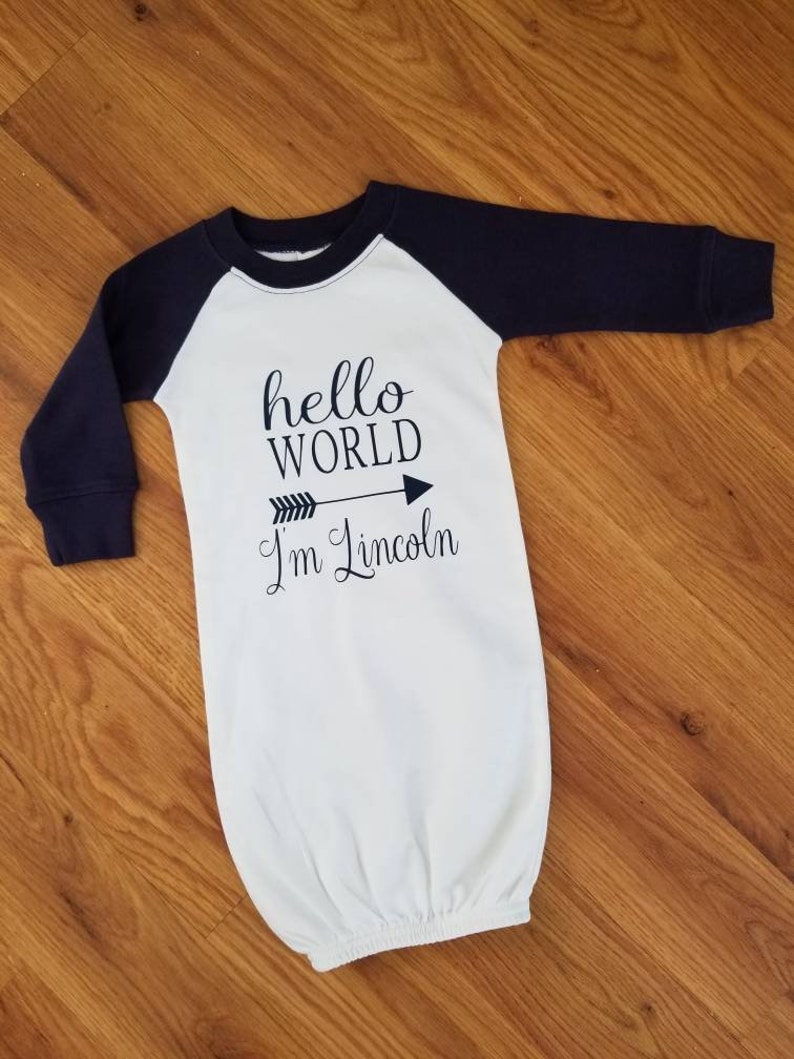 Navy blue design to match sleeves. Personalized to any name Hello world I/'m Lincoln homecoming gown