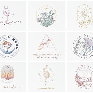 Drawings of nature, flowers, plants, landscapes and water are combined with celestial elements such as moon, stars, sun to create a magical illustration, making each logo creation unique. Color palettes are mostly muted or pastel.