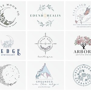 Sample of bohemian, whimsical, magical logo designs. Drawings of nature, plants, flowers, landscapes and water are combined with celestial elements such as moon, stars, sun to create a magical illustration, making each logo creation unique.