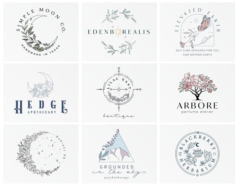 Sample of bohemian, whimsical, magical logo designs. Drawings of nature, plants, flowers, landscapes and water are combined with celestial elements such as moon, stars, sun to create a magical illustration, making each logo creation unique.