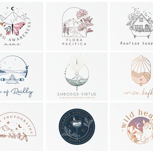 Sample of bohemian, whimsical, magical logo designs. Drawings of nature, plants, flowers, landscapes and water are combined with celestial elements such as moon, stars, sun to create a magical illustration, making each logo creation unique.