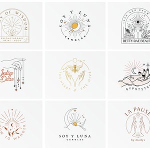 Hands logos and bohemian logo samples. Drawings of nature, landscapes and water are combined with celestial elements such as moon, stars, sun to create a magical illustration, making each logo creation unique.