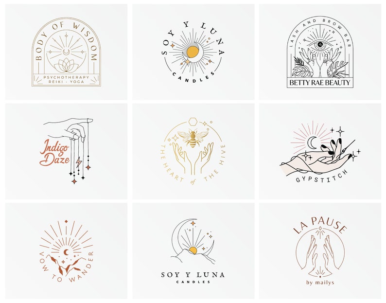 Hands logos and bohemian logo samples. Drawings of nature, landscapes and water are combined with celestial elements such as moon, stars, sun to create a magical illustration, making each logo creation unique.