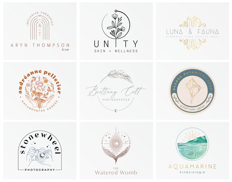 Sample of bohemian, whimsical, magical logo designs. Drawings of nature, plants, flowers, landscapes and water are combined with celestial elements such as moon, stars, sun to create a magical illustration, making each logo creation unique.