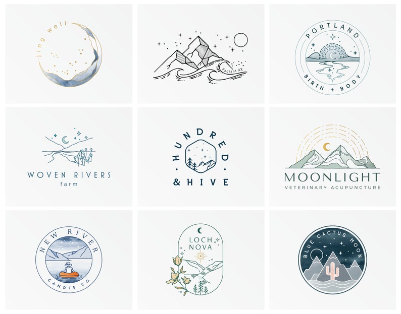 Sample of bohemian, whimsical, magical logo designs. Drawings of nature, plants, flowers, landscapes and water are combined with celestial elements such as moon, stars, sun to create a magical illustration, making each logo creation unique.