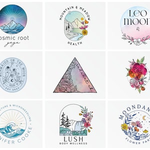 Colorful watercolor whimsical boho logos. Drawings of nature, landscapes and water are combined with celestial elements such as moon, stars, sun to create a magical illustration, making each logo creation unique.
