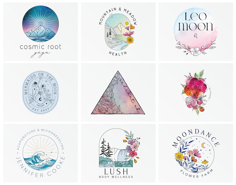Colorful watercolor whimsical boho logos. Drawings of nature, landscapes and water are combined with celestial elements such as moon, stars, sun to create a magical illustration, making each logo creation unique.