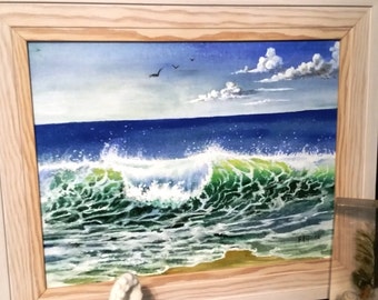 Ocean Wave, Acrylic on Canvas Board Painting, Beach House, Coastal Design