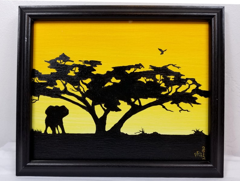 Elephant African Landscape Original Painting AcrylicCanvas Board Golden Rise by Pamela Faber-Greaves Savanna Umbrella Thorn Acacia Tree