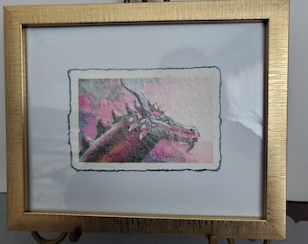 Framed Dragon Watercolor Painting: Metallic Fantasy Art on Rag Paper