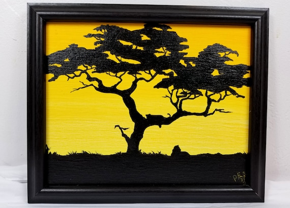 Elephant African Landscape Original Painting AcrylicCanvas Board Golden Rise by Pamela Faber-Greaves Savanna Umbrella Thorn Acacia Tree