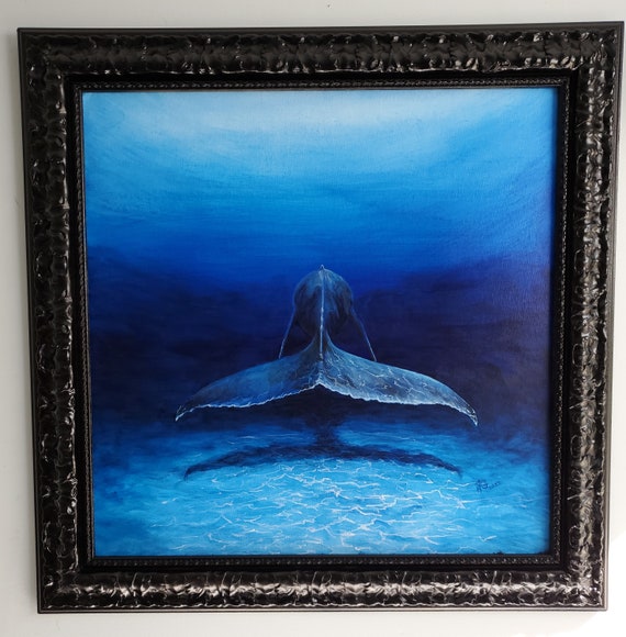 Deep Water Landscape Painting on Canvas Board by Pamela Faber-greaves,  Whale, Marine Life, Large 27 X 27 Inches Wall Art 