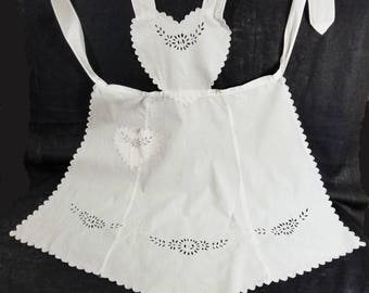 Apron, Handmade Eyelet Cotton Linen Embroidered, White on White Hearts, Vintage 70s, Scalloped Edges with Eyelet Details, Heart Pocket