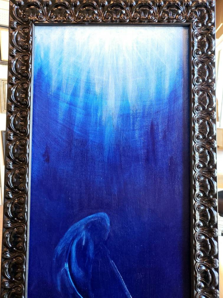Deep Water Landscape Painting on Canvas Board by Pamela Faber-greaves,  Whale, Marine Life, Large 27 X 27 Inches Wall Art 