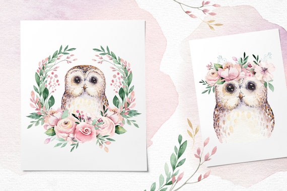 Download Watercolor Baby Nursery Forest Owl Animals Clipart Digital Etsy