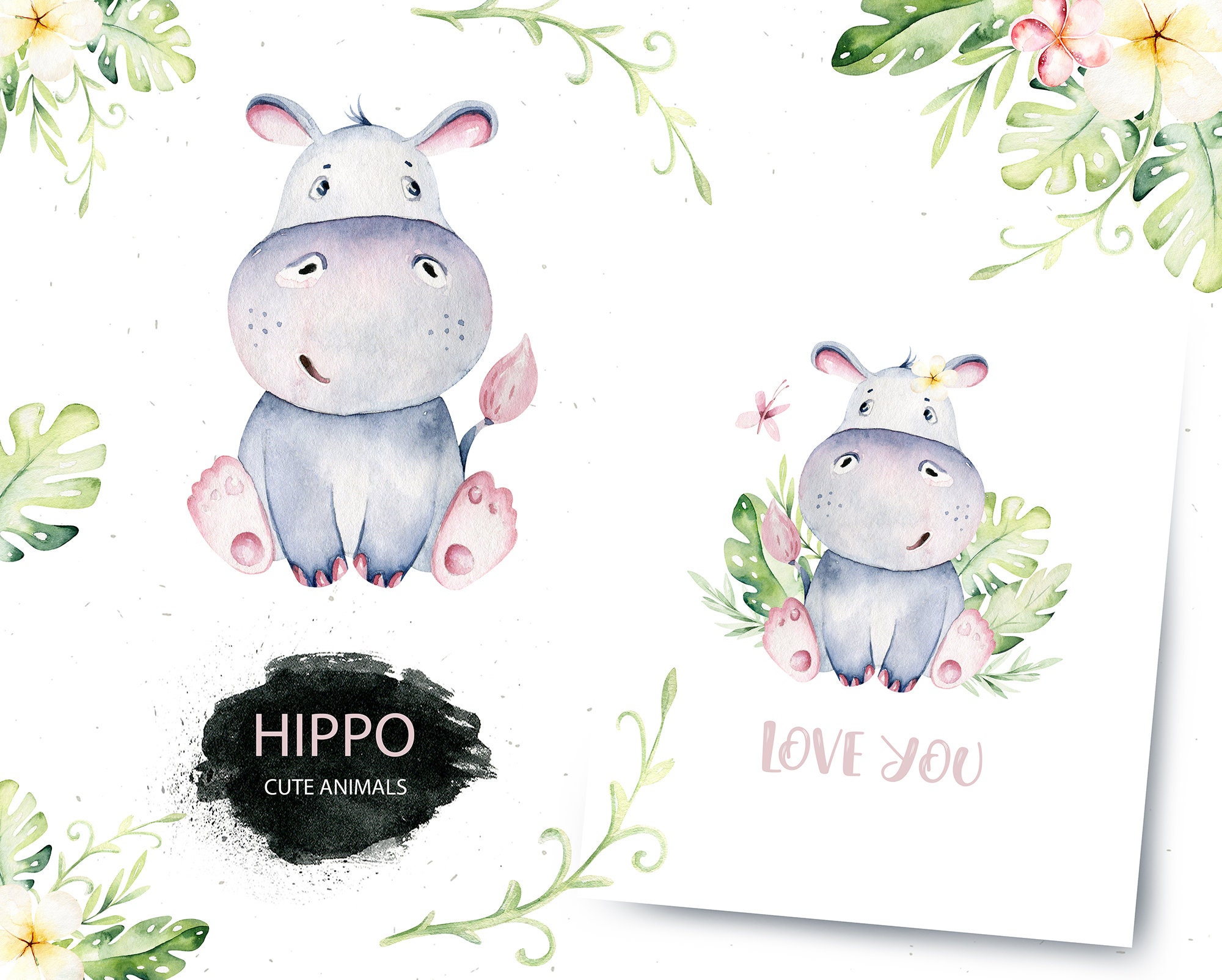 Baby hippo Animals Clipart Illustrations Printable clipart | Etsy