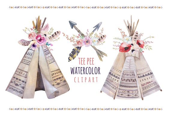 Watercolor boho teepee with feathers. Wedding floral digital | Etsy