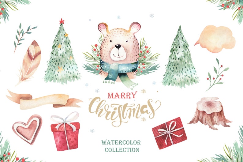 Love Watercolor Clipart New Year Winter Watercolor 2019 Holly Jolly Merry Christmas Diy Clip Art Bear Baby Deer Raccoon And Penguin Clip Art Art Collectibles Senerval Eu