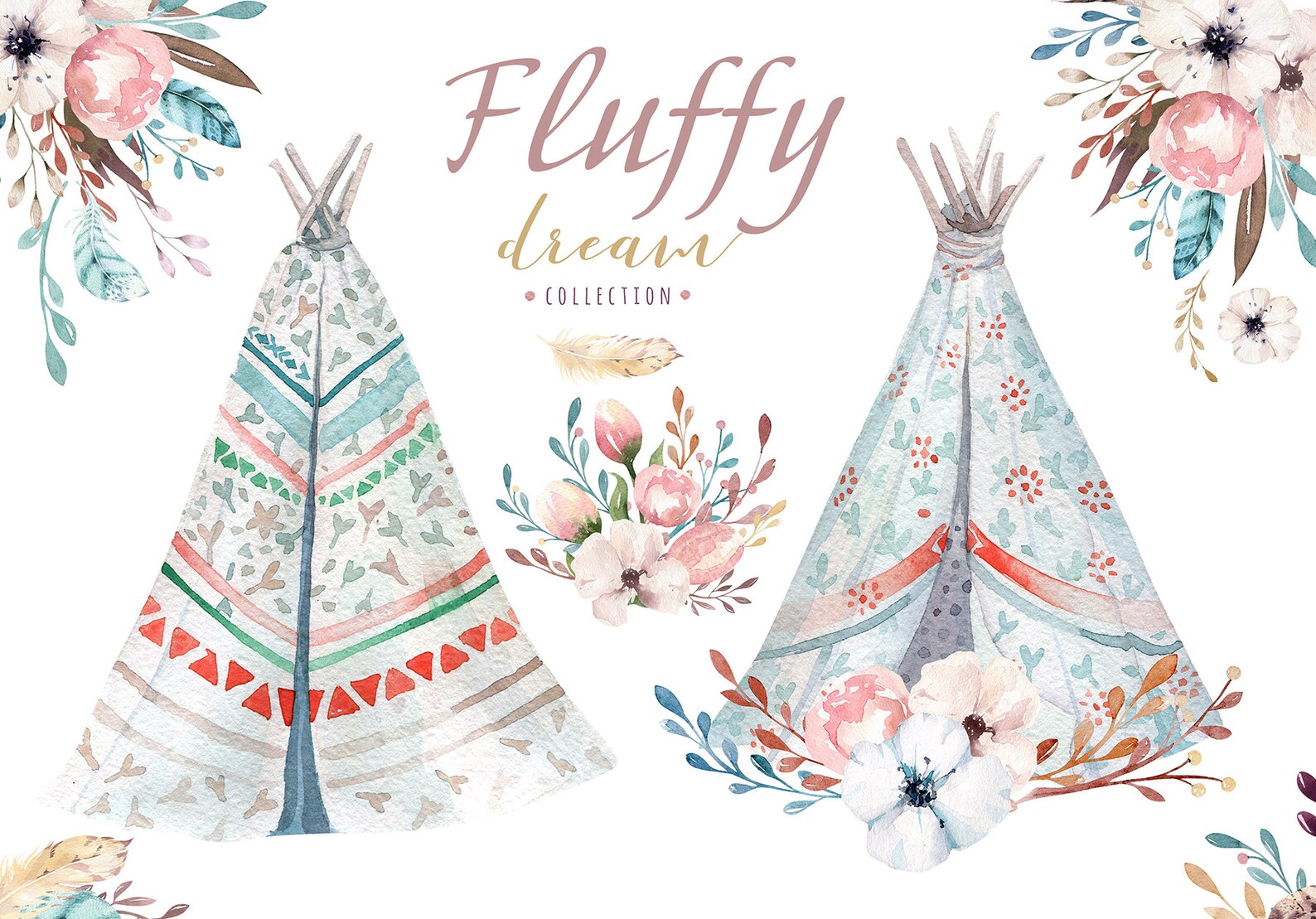 Watercolor Boho Teepee With Bouquets. Wedding Floral Digital | Etsy