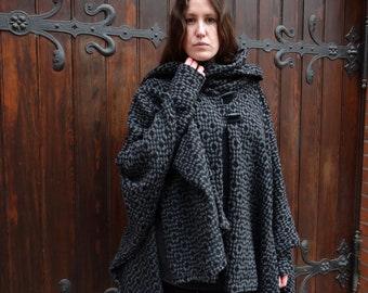 Noble wool cape nubs gray black poncho with cuffs