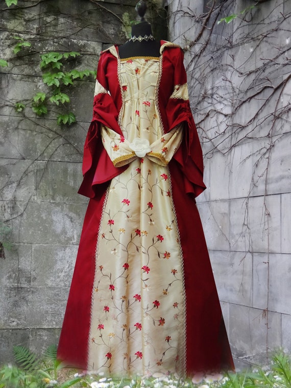 Medieval dress "Kunigund" floral taffeta & hood in cream white and red,  wide trumpet sleeves and undersleeves, made to measure