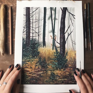 Autumn forest, gouache, Art print.