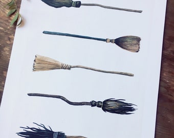 Five little Broomsticks, gouache, Art print.