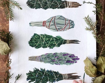 Five little Herb bundles, gouache, Art print.